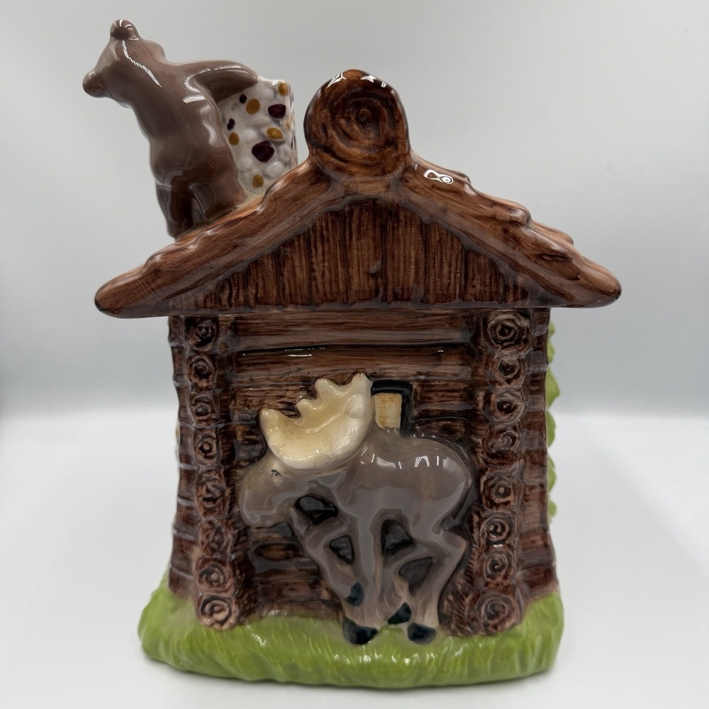 Big Sky Carvers Ranger Station Bears Moose Log Cabin Ceramic Cookie Jar Rare - Picture 4 of 11